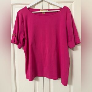 Michael Kors Hot Pink Boat Neck Top – Roll-Tab Short Sleeve